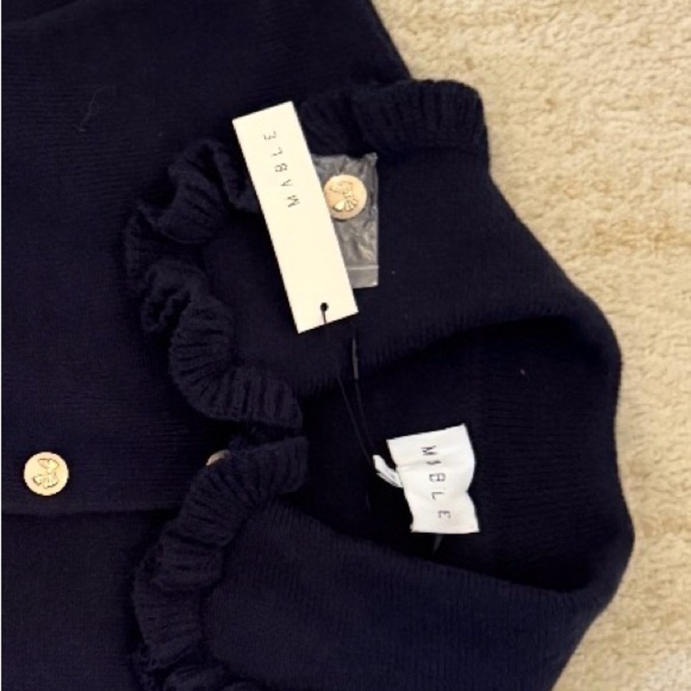 Navy Ruffle Collar Button-Up Cropped Sweater - Picture 3 of 3
